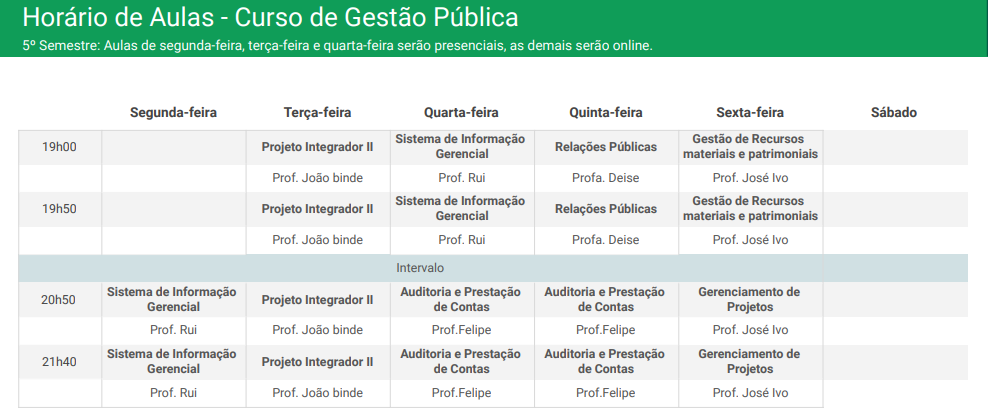 Horário 5º semestre 2022/1